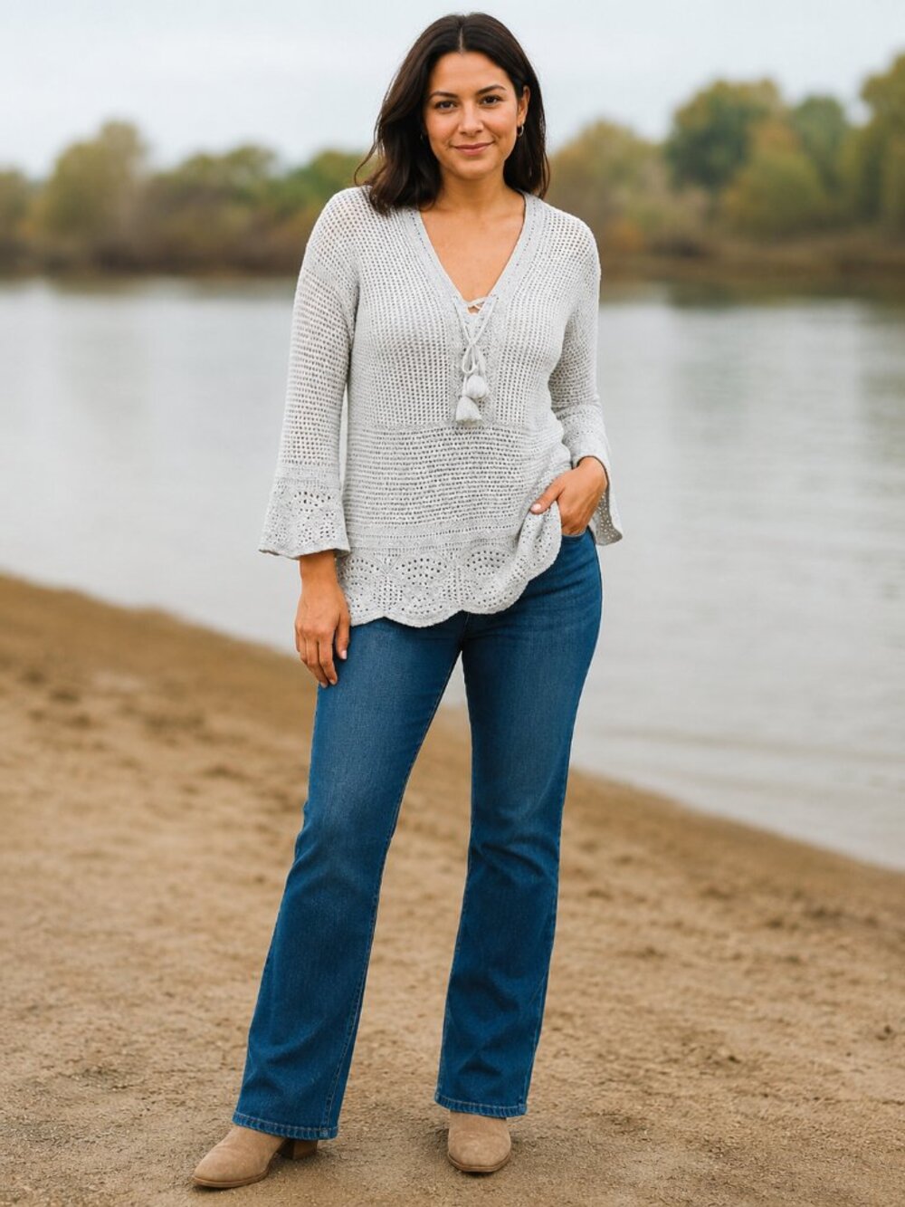 J. Jill Heavy Open Knit V-Neck Tassel Sweater Sz M